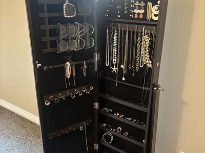 Full-Length Mirror Jewelry Armoire Organizer - Freestanding Wooden Storage Cabinet