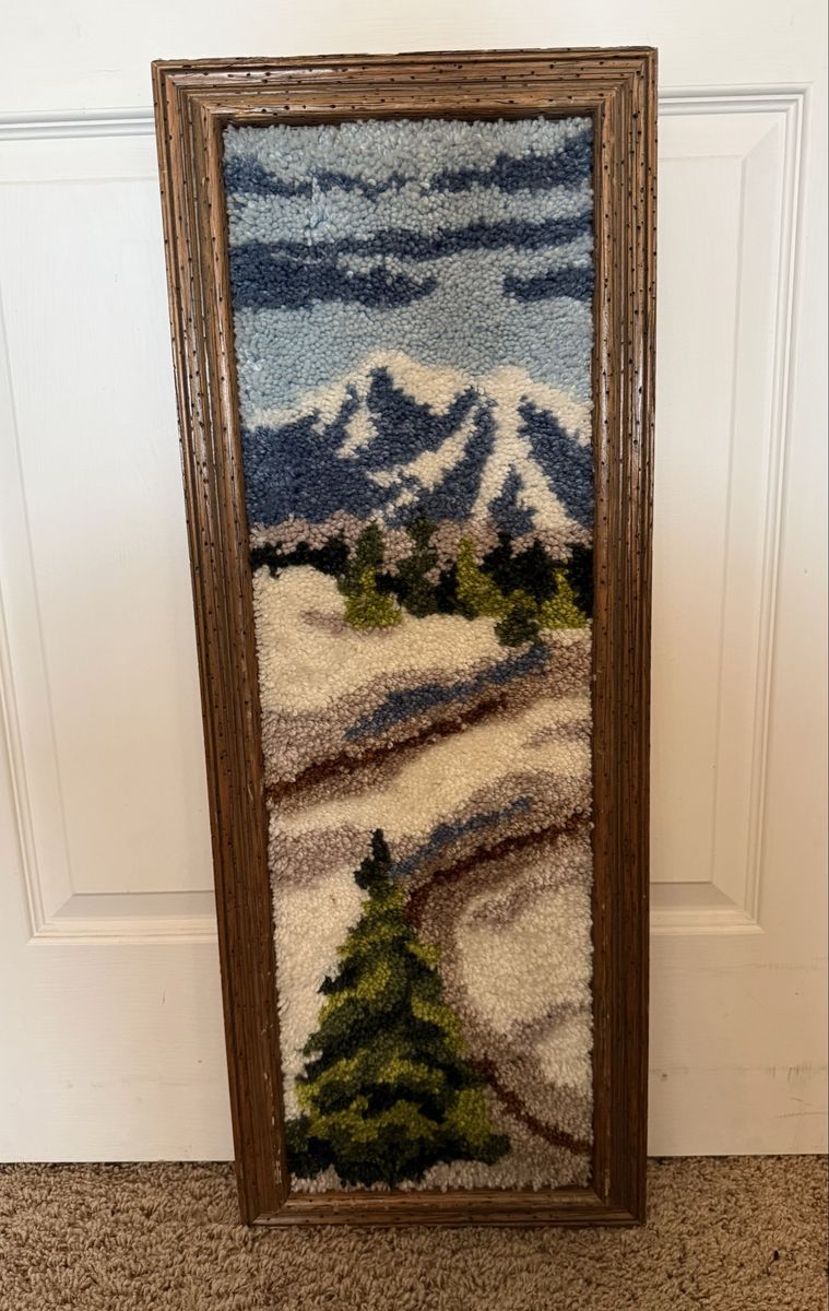 Vintage Hand-Hooked Latch Rug Art - Mountain Landscape, framed