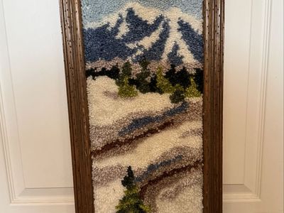 Vintage Hand-Hooked Latch Rug Art - Mountain Landscape, framed