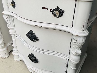 Set of 2 Distressed White 3-Drawer Nightstand Side Table, Vintage Shabby Chic Style