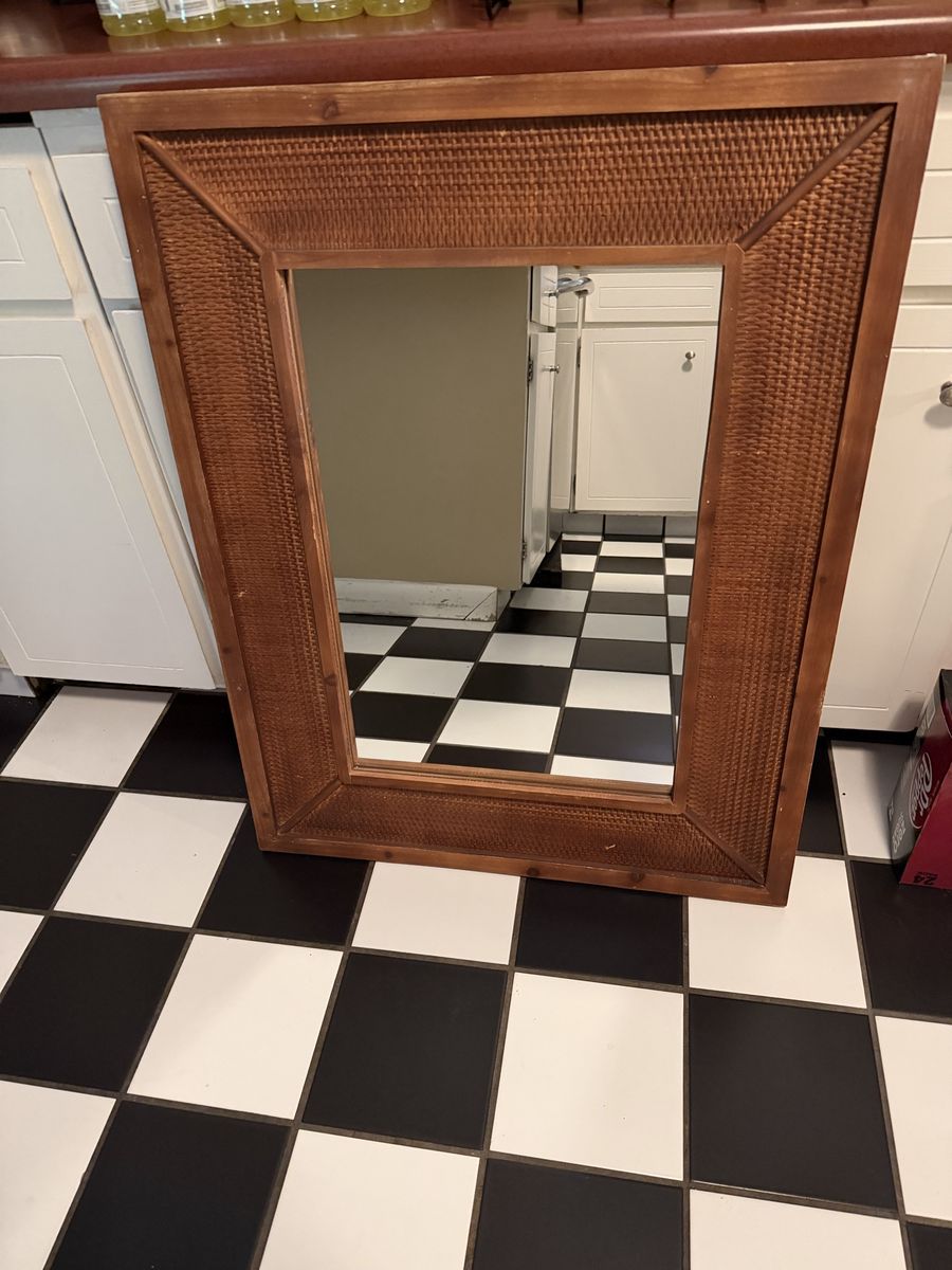 Rustic Wood & Woven Rattan Wall Mirror - Rectangle, Accent Decor. Large