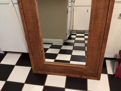 Rustic Wood & Woven Rattan Wall Mirror - Rectangle, Accent Decor. Large