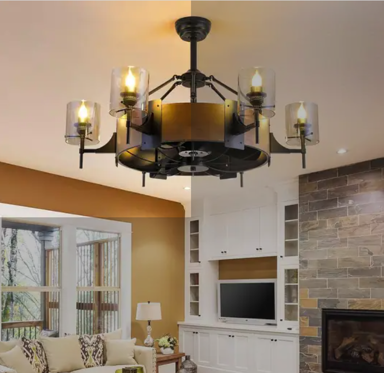 39.5 Inches Wood Grain Farmhouse Fandelier Ceiling Fan with Remote,6 E26 Bulbs Base,DC Motor