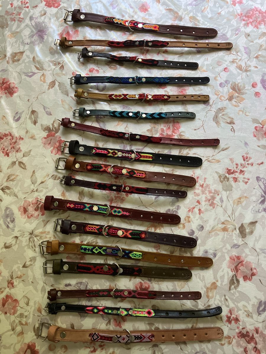 Handmade Leather Pet Collars with Colorful Embroidered Accents - Multiple Sizes & Colors Available