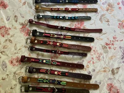 Handmade Leather Pet Collars with Colorful Embroidered Accents - Multiple Sizes & Colors Available