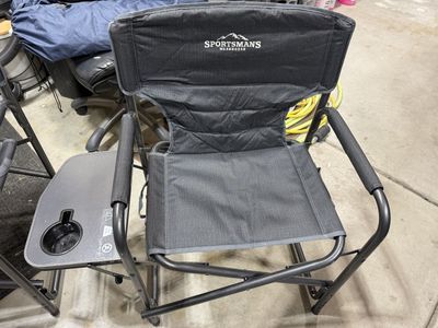 Two Sportsman's Warehouse heavy duty folding camp chairs with side table