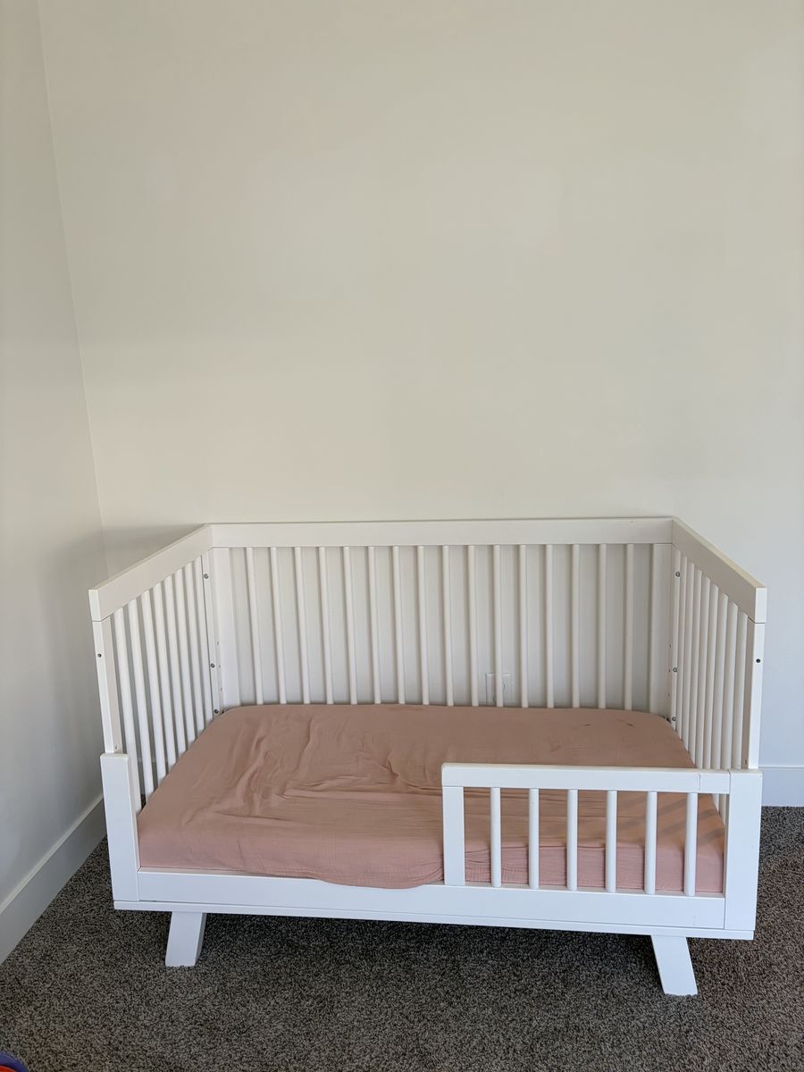 White Wood Toddler Bed with Safety Rail - Converts from Crib