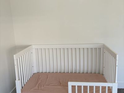 White Wood Toddler Bed with Safety Rail - Converts from Crib