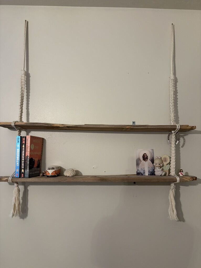 Boho Macrame And Wood Hanging Shelves