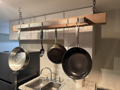 Custom Reclaimed Red Oak and Hammered Steel Pot and Pan Rack