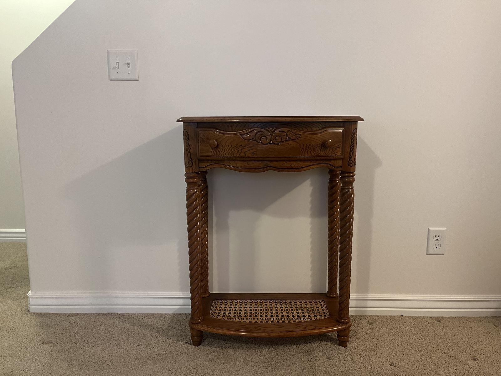 Vintage Wooden Console Table with Drawer and Woven Shelf