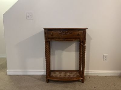 Vintage Wooden Console Table with Drawer and Woven Shelf