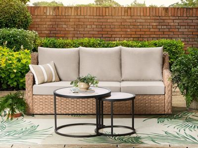 Better Homes & Gardens River Oaks Outdoor Sofa & 2 Nesting Tables with Patio Cover, Natural