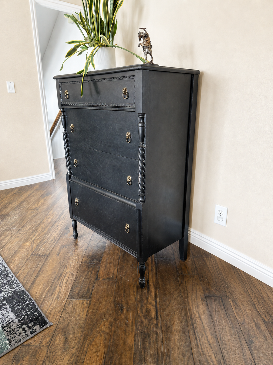 Antique Black Dresser / Tallboy Chest - Carved Detail, Turned Legs