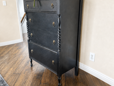 Antique Black Dresser / Tallboy Chest - Carved Detail, Turned Legs