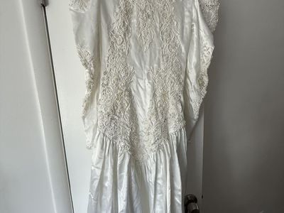 Vintage White Wedding Dress with Beaded Lace Appliques and Bow Detail