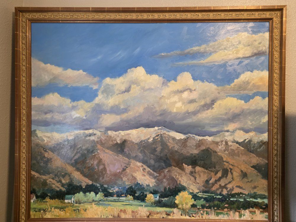 Scott Wallis Original Oil Painting - 48"x40" Mountain Landscape with Clouds and Snow-capped Peaks