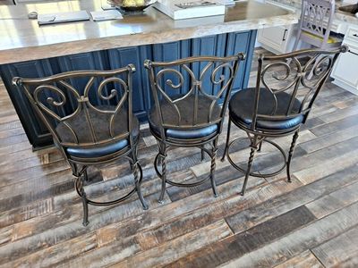 Set of 3 Ornate Bronze Metal Swivel Bar Stools with Padded Black Seats