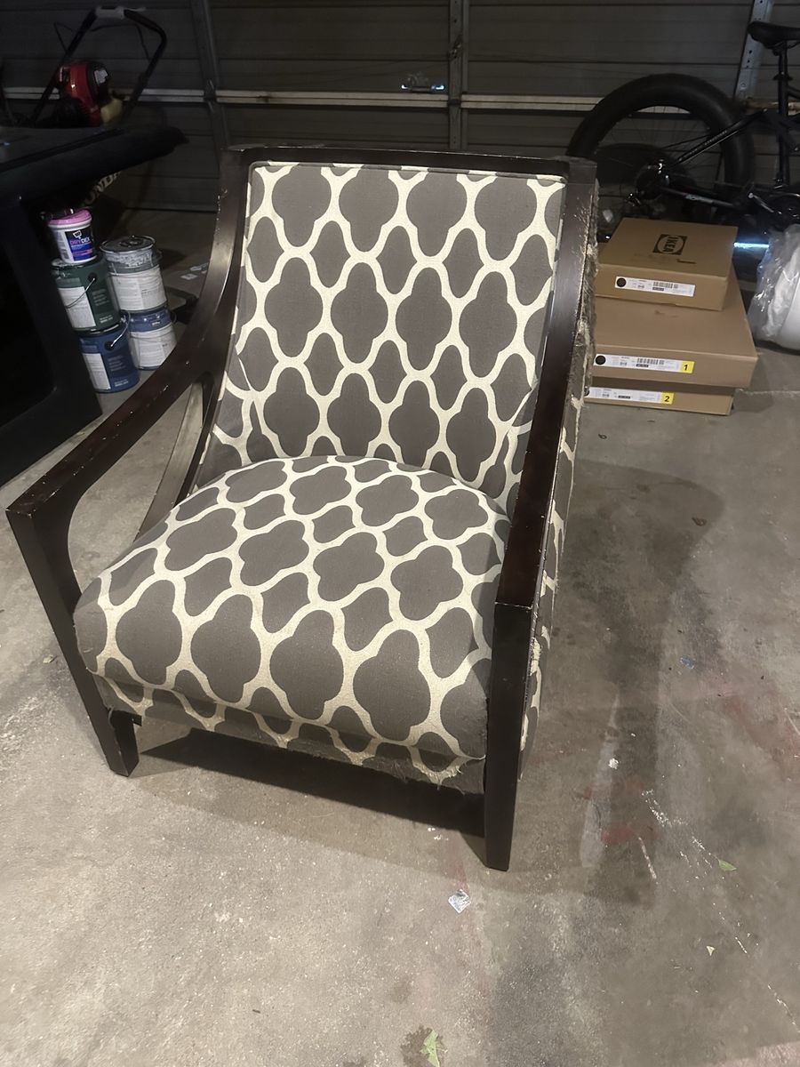 Accent Chair with Dark Wood Frame & Geometric Pattern Upholstery - Fabric Damage