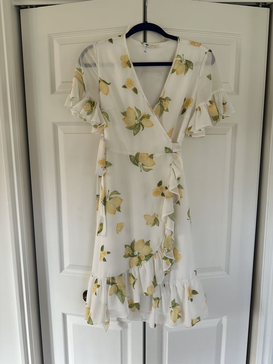 Ruffle Spring Wrap Dress Lemon Print Knee Length
