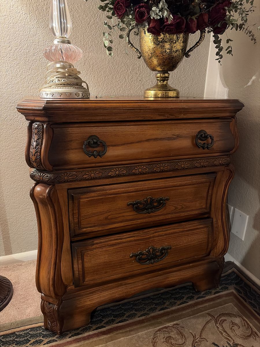 Wood Bedside table set of 2 -carved (large)