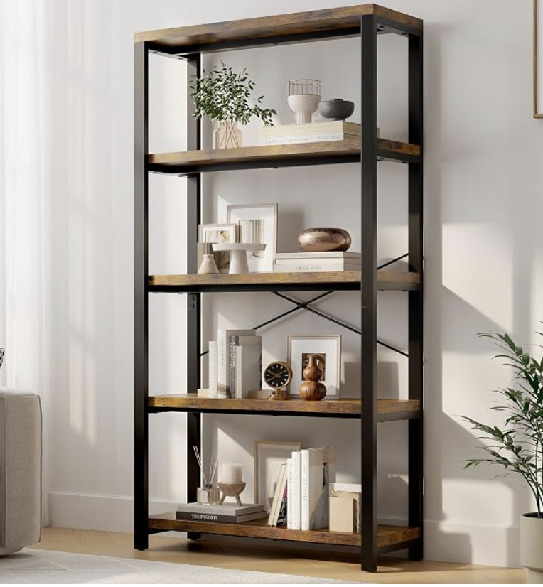 NEW 5-Tier Adjustable Heavy Duty Bookshelf, Industrial Wooden Open Storage Vintage Rustic iabifo