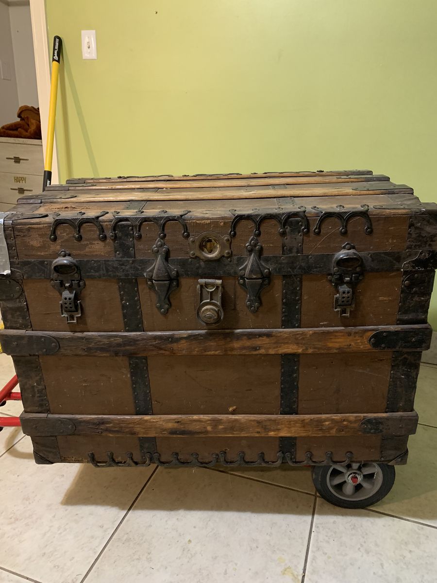 Antique Steamer Trunk J.M. Burton Wood and Metal Flat Top Storage Chest