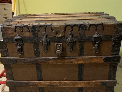Antique Steamer Trunk J.M. Burton Wood and Metal Flat Top Storage Chest