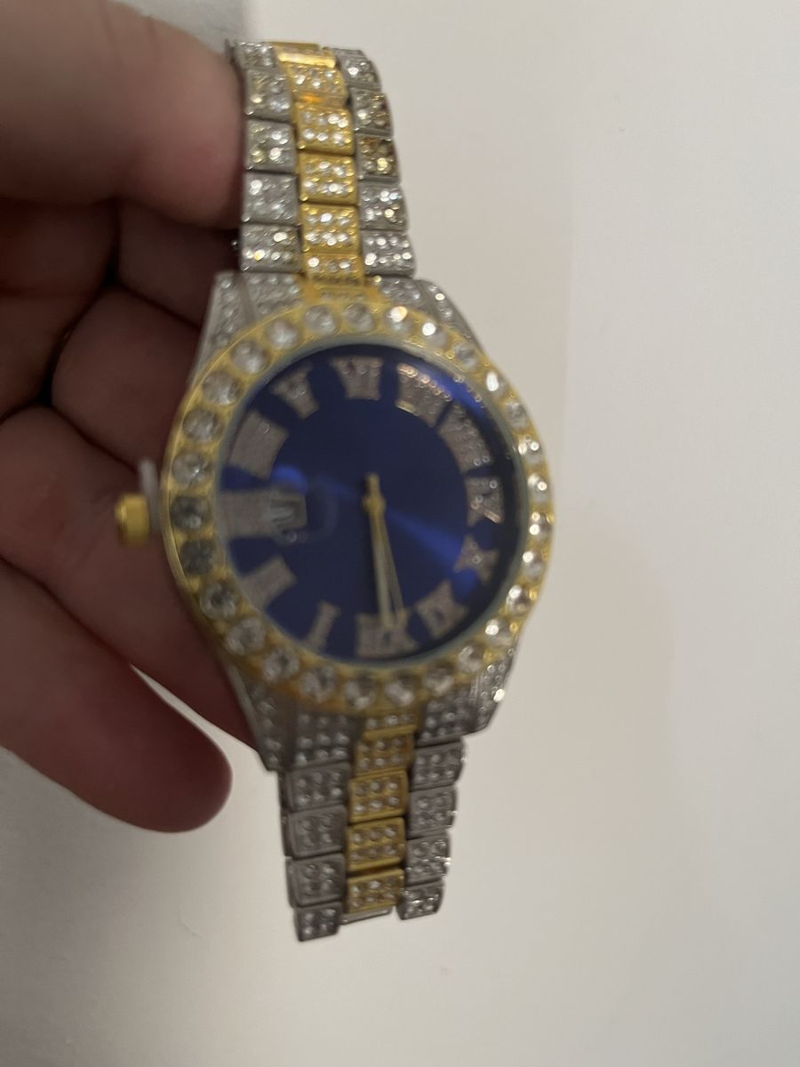 Two-Tone Gold & Silver Iced-Out Rhinestone Watch with Blue Dial