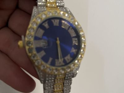 Two-Tone Gold & Silver Iced-Out Rhinestone Watch with Blue Dial