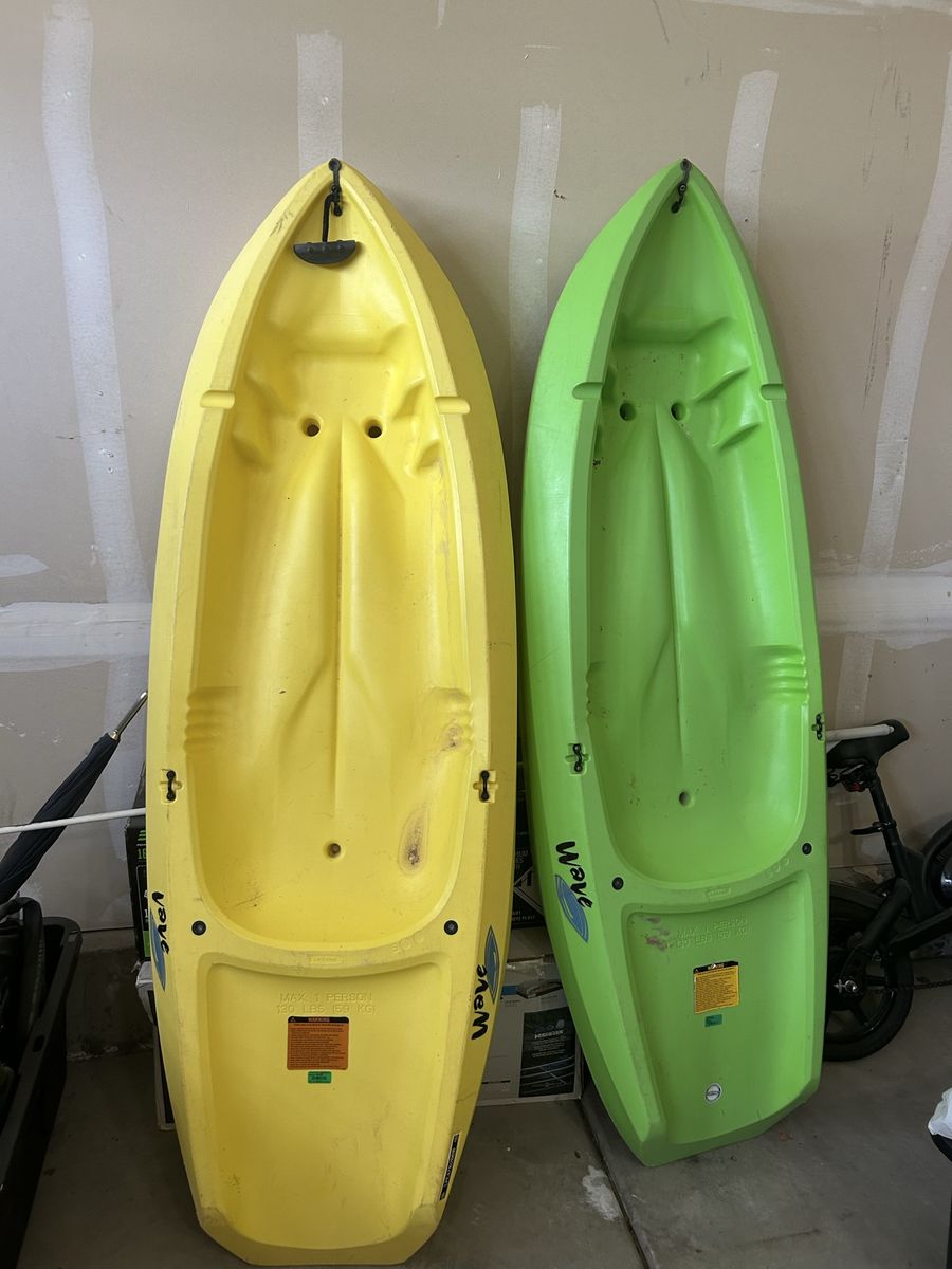 Pair of Lifetime Wave Kids' Kayaks - 6ft, 130lb Max Capacity, Yellow & Green