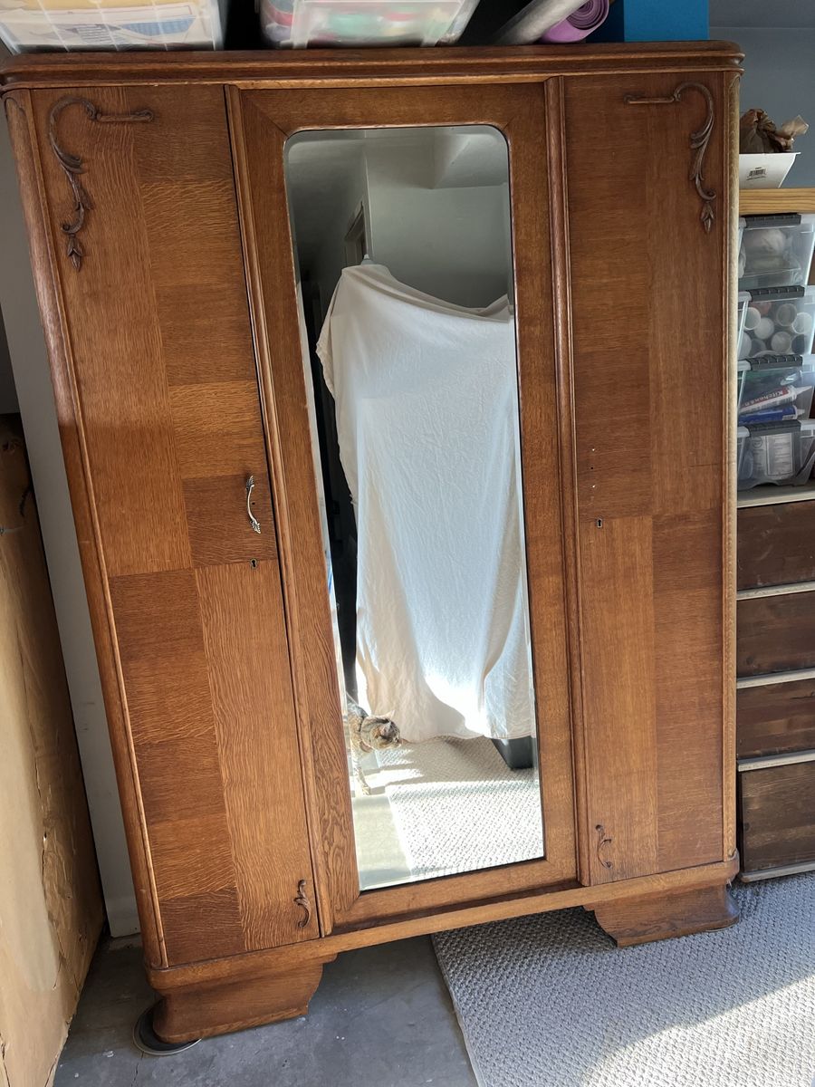 Antique Wooden Wardrobe Armoire with Center Mirror,.