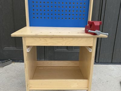 Wooden Kids Workbench with Blue Pegboard and Red Vise - Durable & Fun for Little Builders