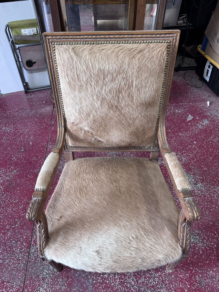 Vintage French Provincial Style Armchair with Deer  Hide Upholstery and Nailhead Trim
