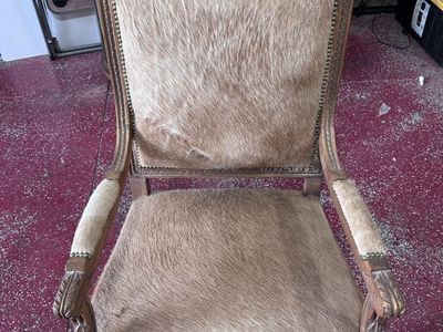 Vintage French Provincial Style Armchair with Deer Hide Upholstery and Nailhead Trim