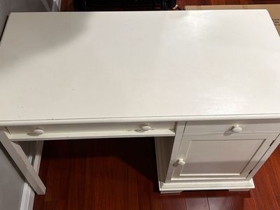 White Wooden Writing Desk with Drawer and Cabinet Storage