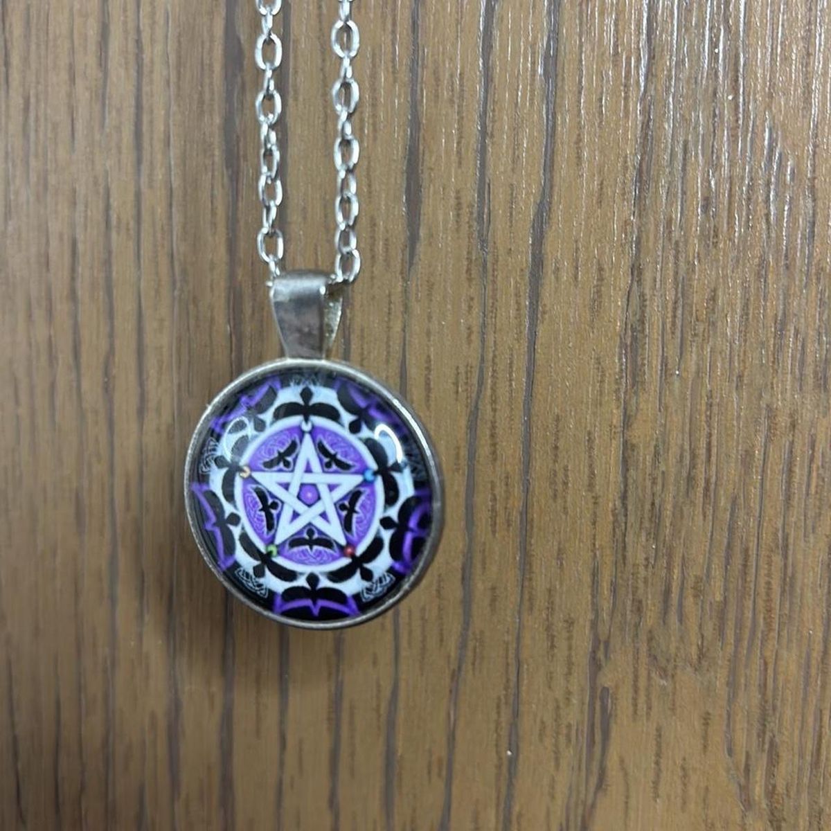 Pentagram Pendant Necklace, Silver Tone Chain, Purple & Black Design, Used