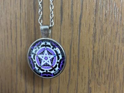 Pentagram Pendant Necklace, Silver Tone Chain, Purple & Black Design, Used