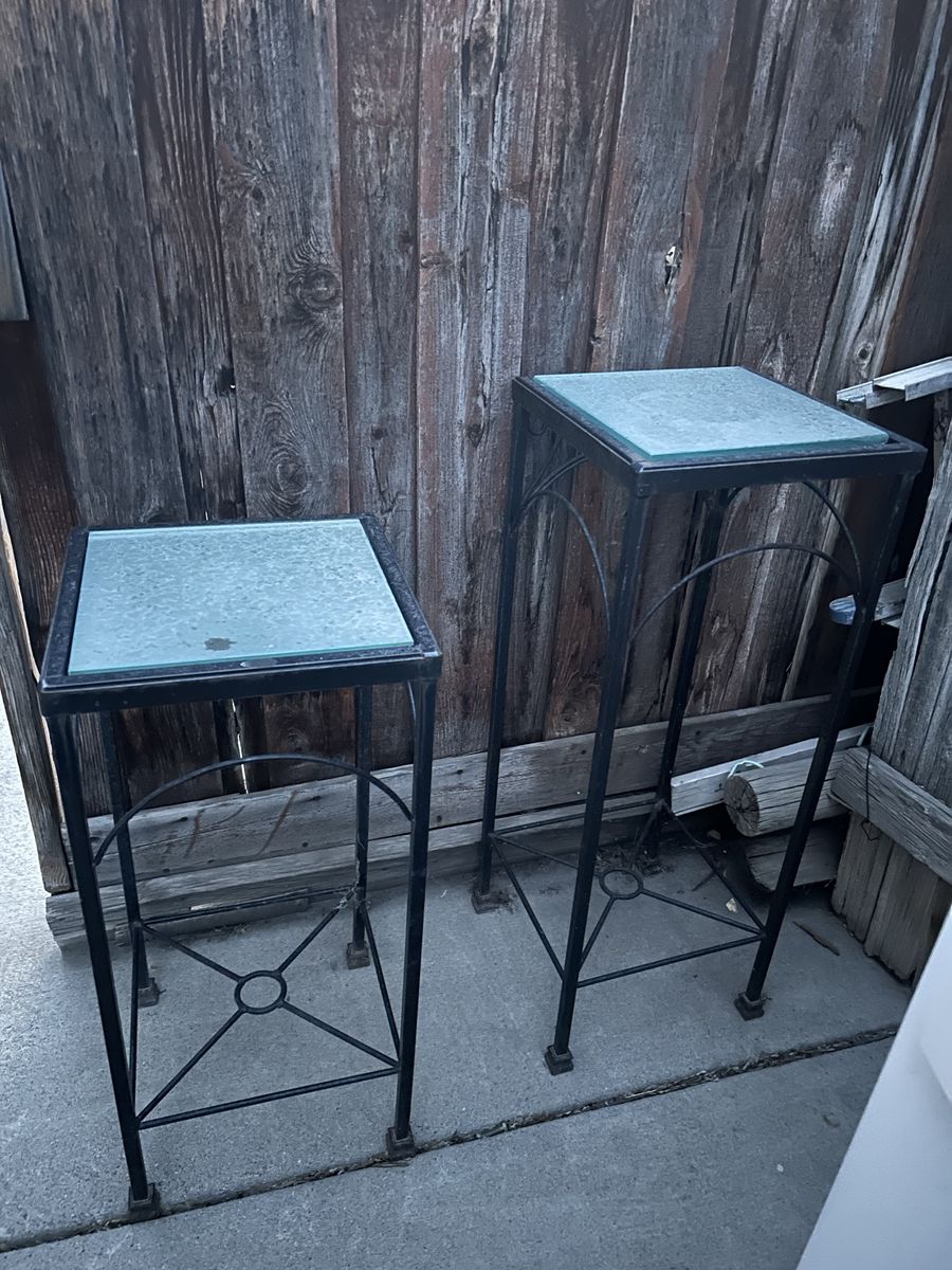 Pair of Wrought Iron Plant Stands/Side Tables with Glass Tops - Rustic Decor
