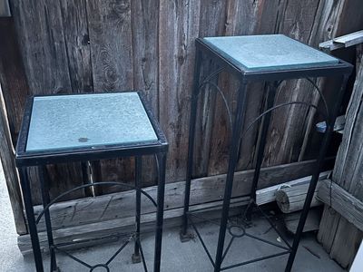 Pair of Wrought Iron Plant Stands/Side Tables with Glass Tops - Rustic Decor