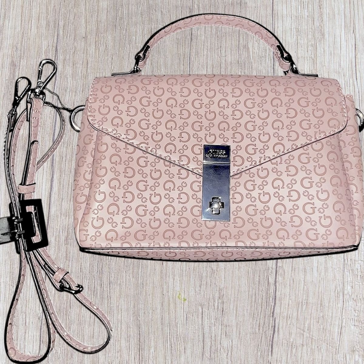 Guess Bethel Crossbody Satchel – Rose Taupe Monogram Top Handle NEW