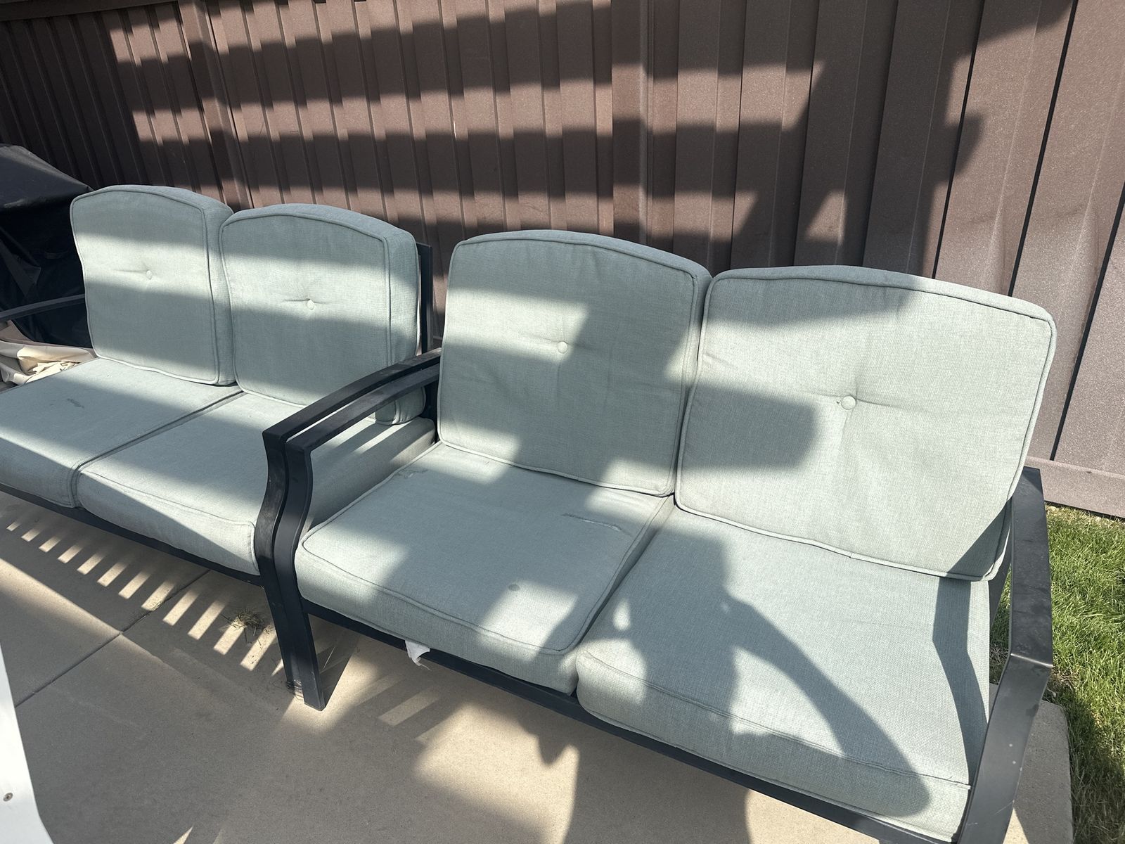 Outdoor Metal Frame Loveseat Set with Light Blue Cushions - Pair