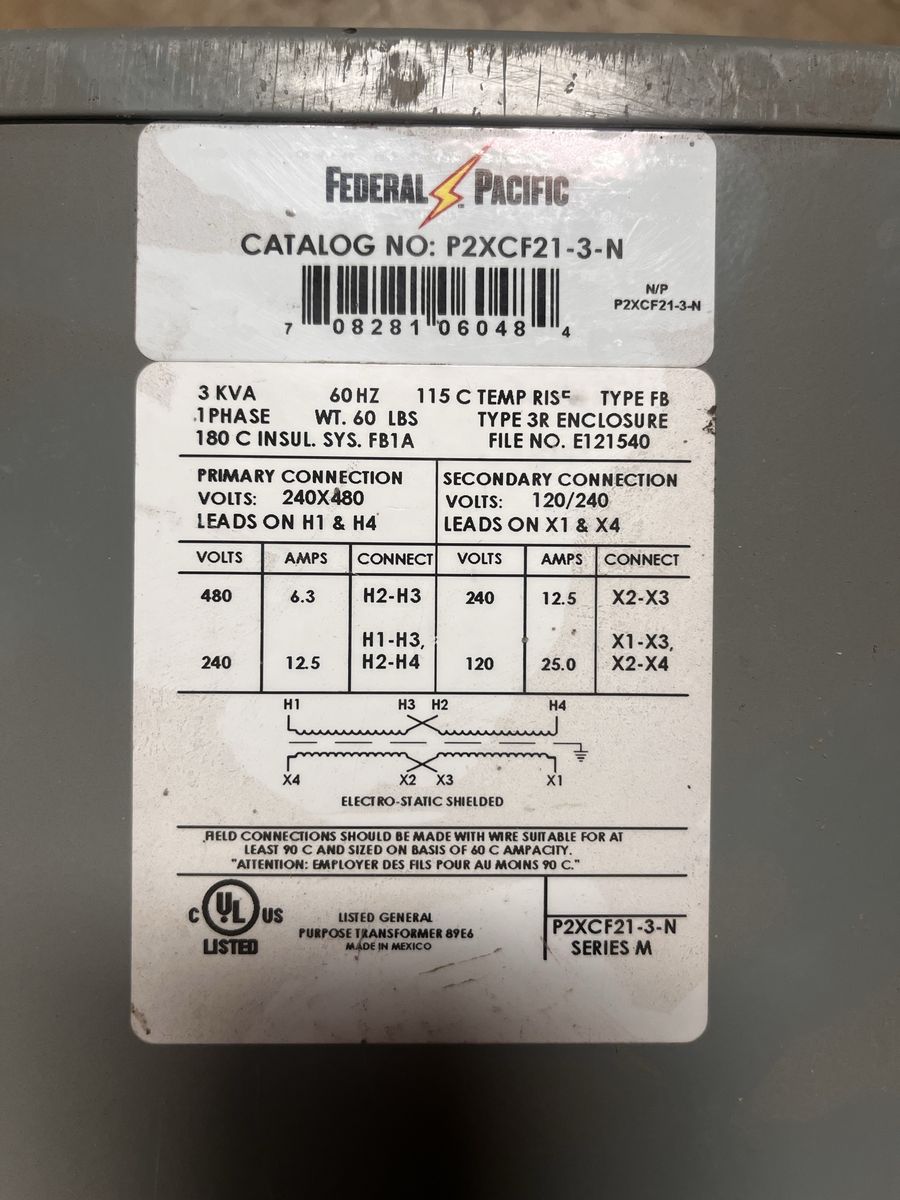 Federal Pacific 3 KVA General Purpose Transformer P2XCF21-3-N