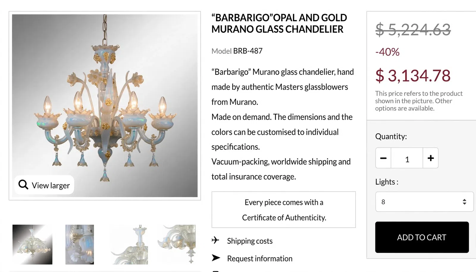 Barbarigo Opal and Gold Murano Glass Chandelier - 8 Lights