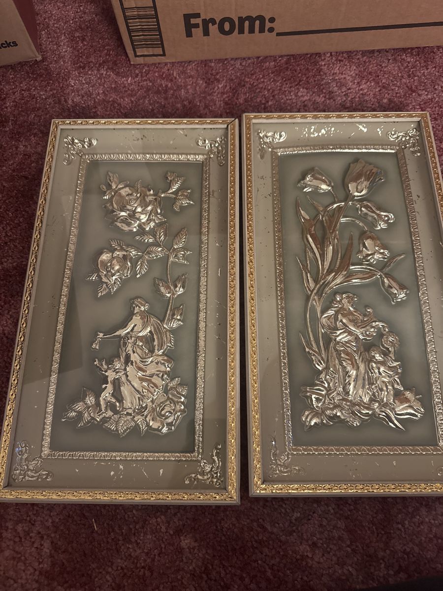 Vintage Framed Wall Art Set - Ornate Gold & Silver Plaque Decor with Figurines & Floral Motifs
