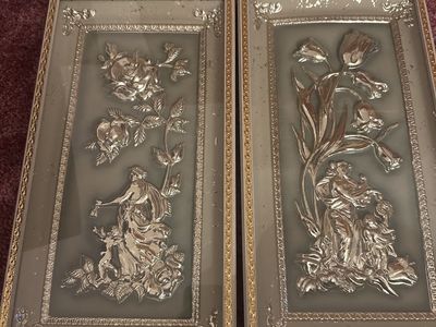 Vintage Framed Wall Art Set - Ornate Gold & Silver Plaque Decor with Figurines & Floral Motifs