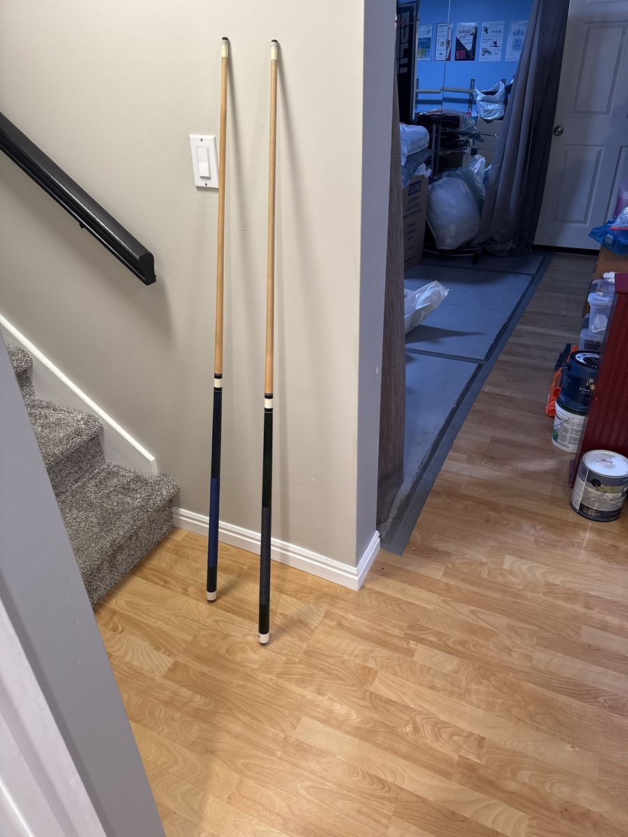 Pair of Pool Cues - Blue and Black Wraps
