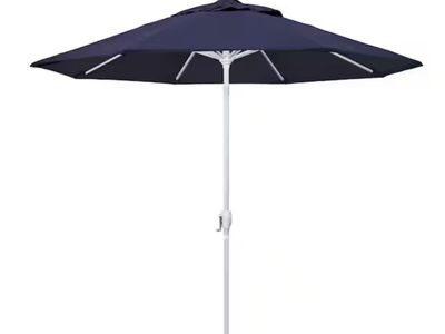 California Umbrella 9 ft. White Aluminum Pole Market Aluminum Ribs Push Tilt Crank Lift Patio Umbrella in Navy Sunbrella