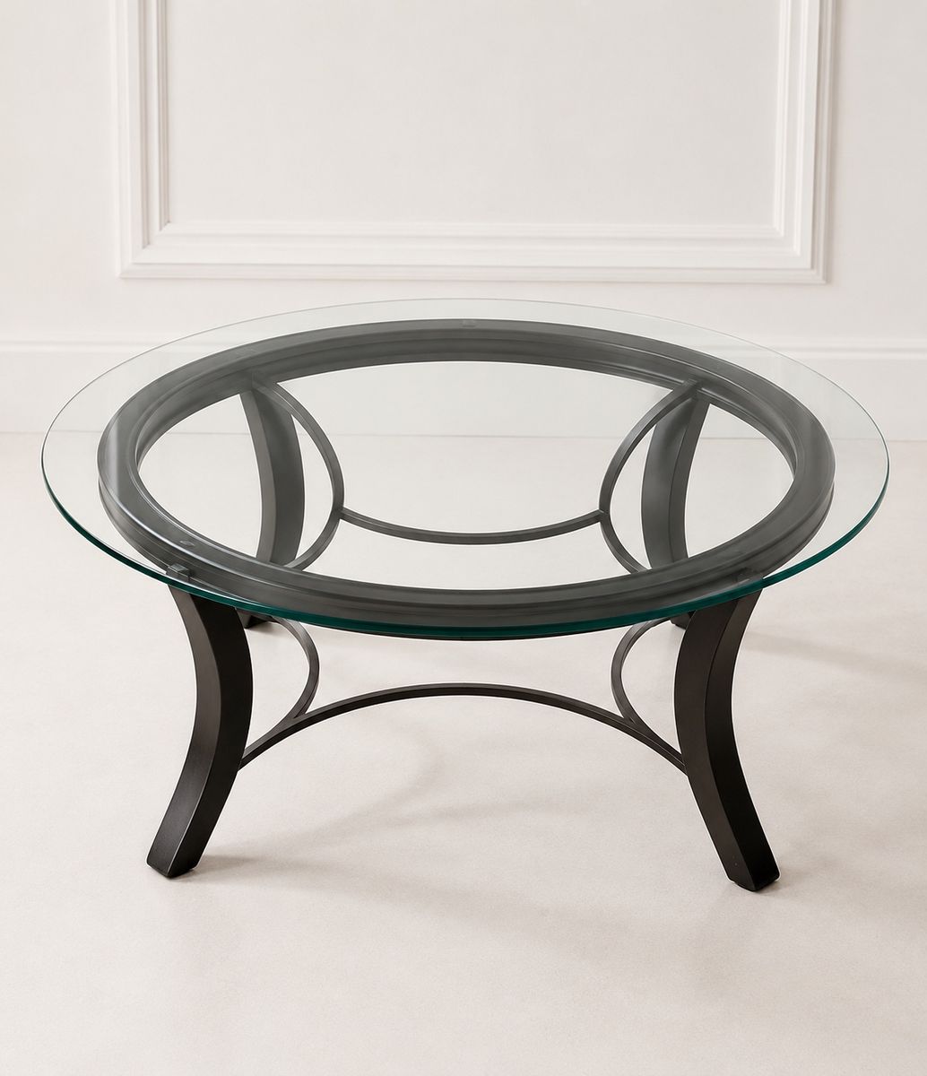 Round Glass Coffee Table with Black Metal Base - 42" Diameter