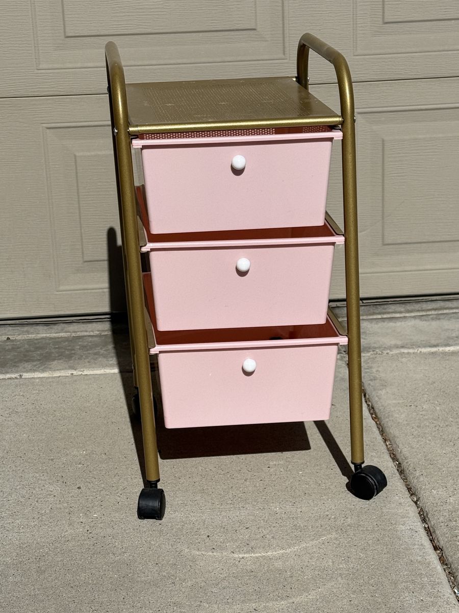 Gold & Pink 3-Tier Rolling Storage Cart with Casters - Versatile Organizer